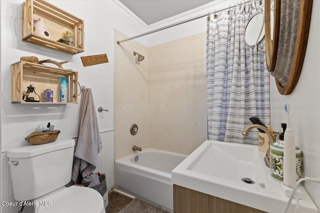 full bath with toilet, tub / shower combination, crown molding, and vanity