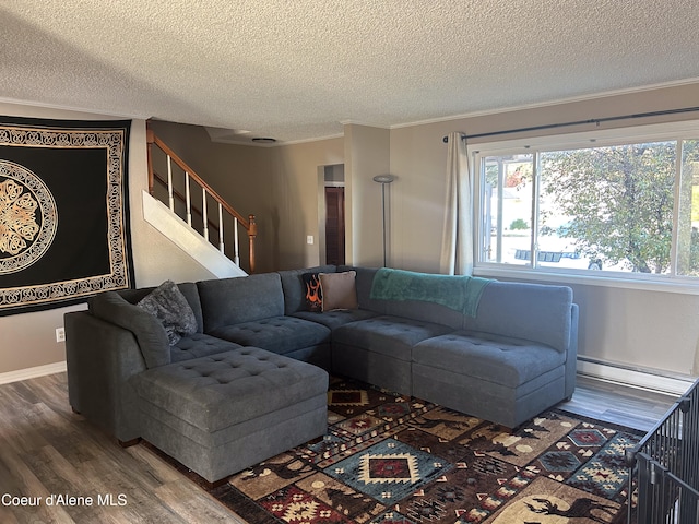 living room with crown molding, a textured ceiling, wood-type flooring, and a baseboard heating unit