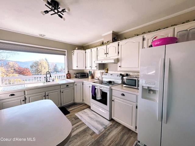 kitchen featuring white appliances, sink, white cabinetry, dark wood-type flooring, and ornamental molding