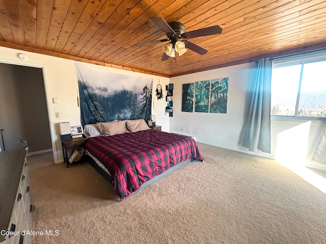 carpeted bedroom featuring wooden ceiling and ceiling fan