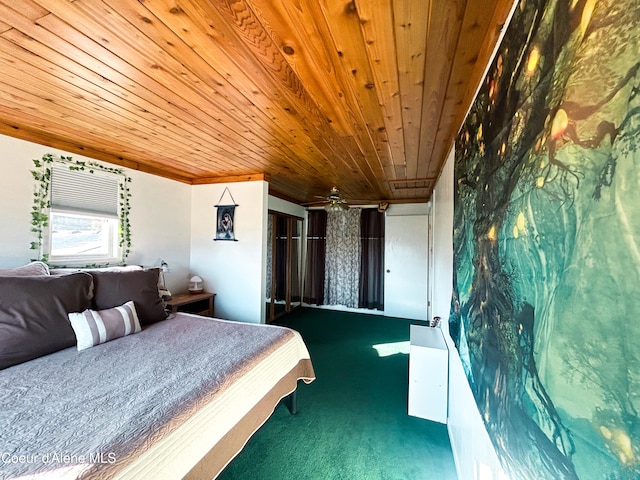 carpeted bedroom featuring wooden ceiling