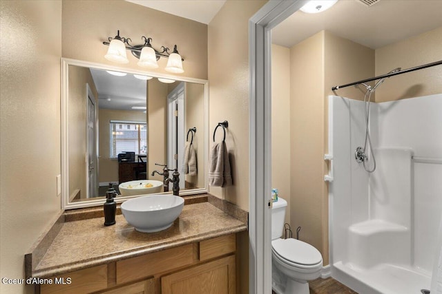 bathroom with vanity, toilet, and a shower