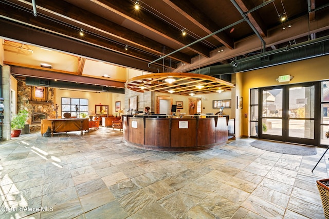 reception area with a fireplace