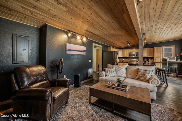 living room with electric panel, wood ceiling, hardwood / wood-style floors, and vaulted ceiling with beams