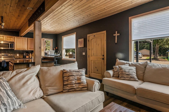 living room featuring dark wood-type flooring, beamed ceiling, and wood ceiling