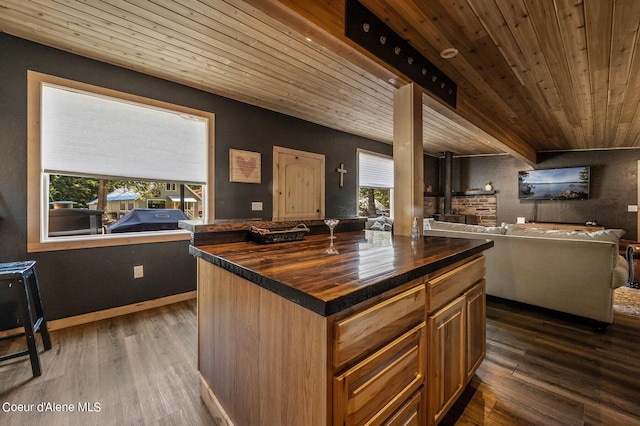 kitchen featuring dark wood-type flooring, a center island, wood ceiling, butcher block countertops, and beam ceiling