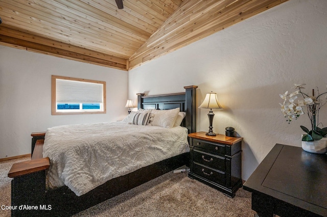 bedroom featuring wooden ceiling, lofted ceiling, and carpet