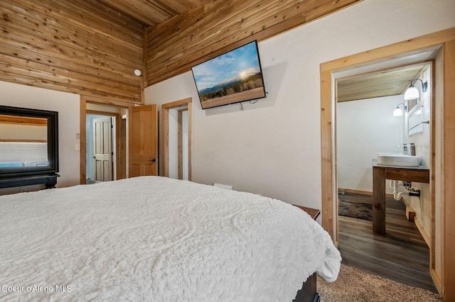 bedroom with hardwood / wood-style floors and wooden ceiling