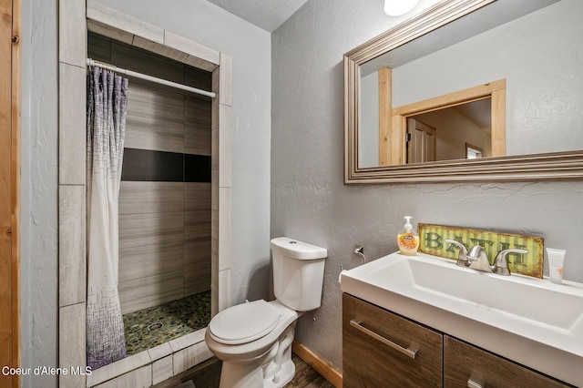 bathroom featuring toilet, vanity, and a shower with shower curtain