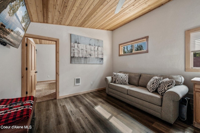 living room featuring hardwood / wood-style floors, wood ceiling, heating unit, and lofted ceiling