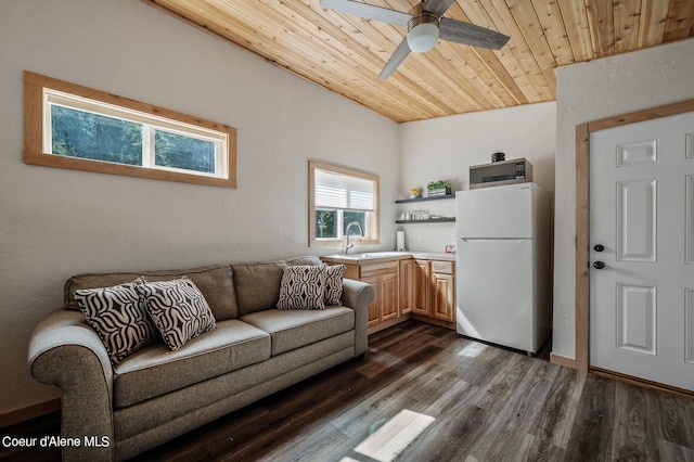 living room with dark hardwood / wood-style flooring, lofted ceiling, wood ceiling, sink, and ceiling fan