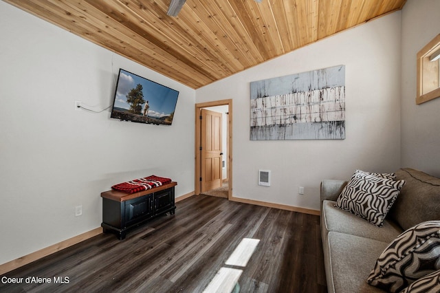 living area featuring dark hardwood / wood-style flooring, lofted ceiling, and wooden ceiling