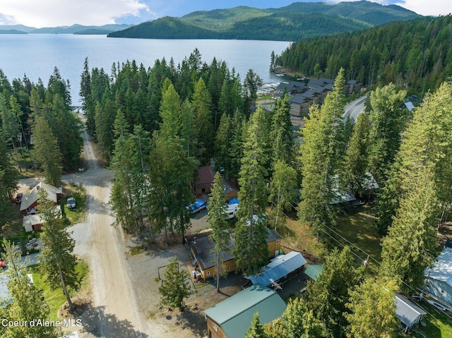 aerial view featuring a water and mountain view