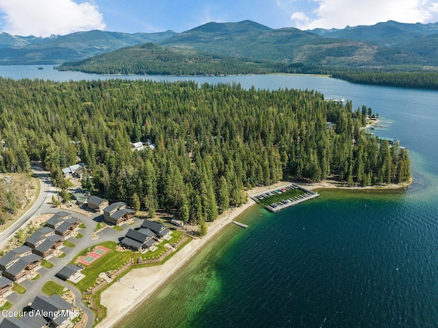 aerial view featuring a water and mountain view