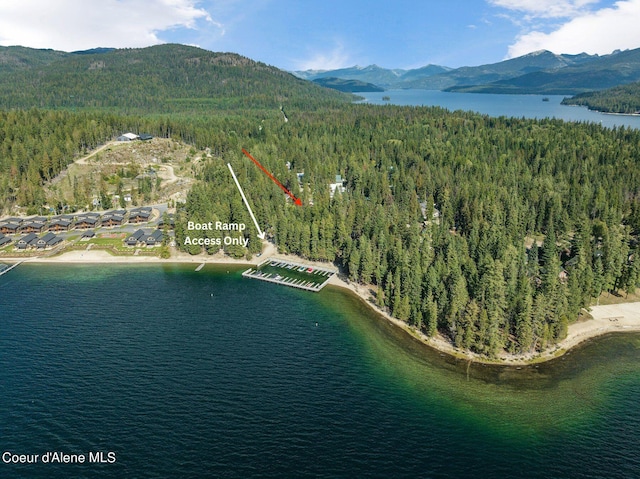 birds eye view of property with a water and mountain view