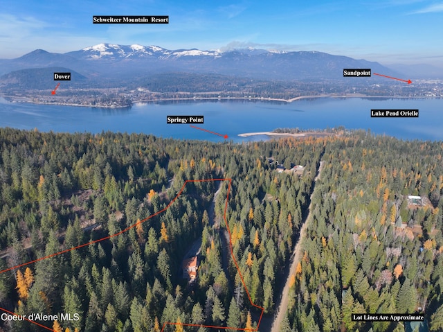 bird's eye view with a water and mountain view