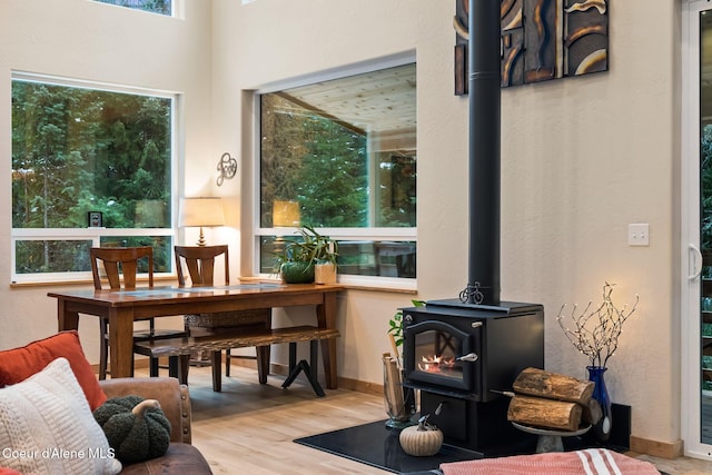 sunroom with a wood stove