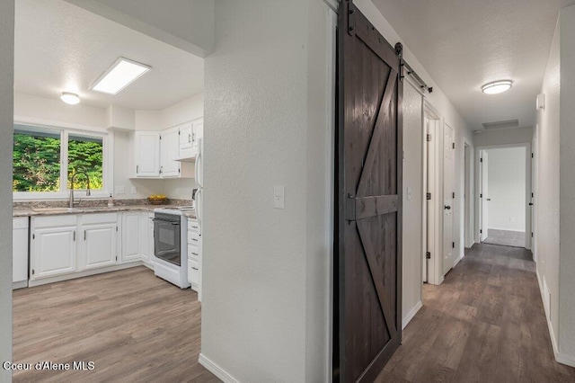 14895 N Crystal Springs Ln, Rathdrum, ID 83858 - hallway with a barn door, a sink, light wood-style floors, and baseboards
