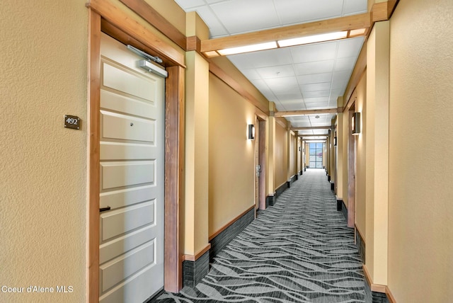 hallway featuring a paneled ceiling and dark colored carpet