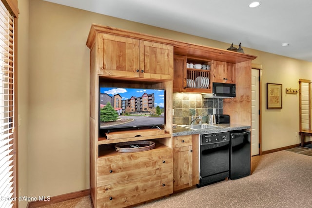 kitchen featuring black appliances, backsplash, sink, and light colored carpet