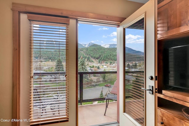 doorway featuring a wealth of natural light and a mountain view