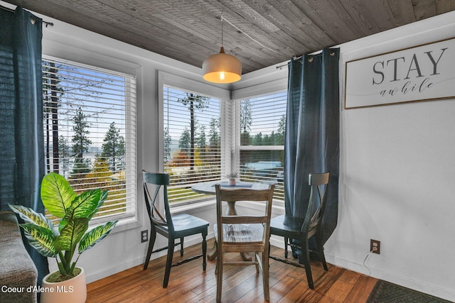 dining room featuring hardwood / wood-style flooring and wooden ceiling