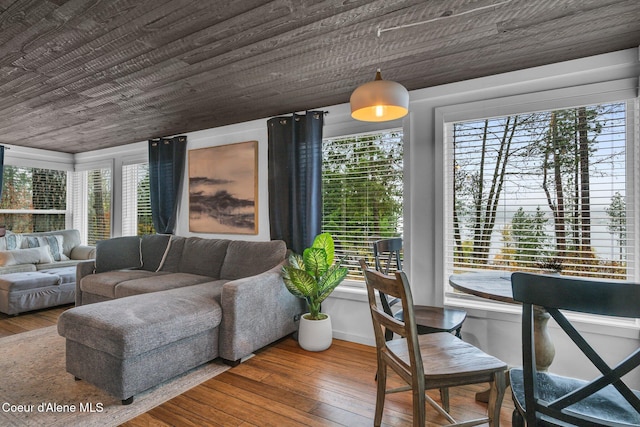 interior space with wood ceiling and wood-type flooring