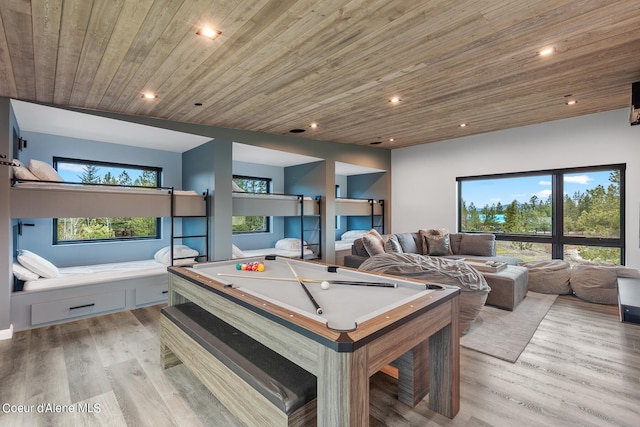 rec room featuring billiards, light hardwood / wood-style floors, and wood ceiling