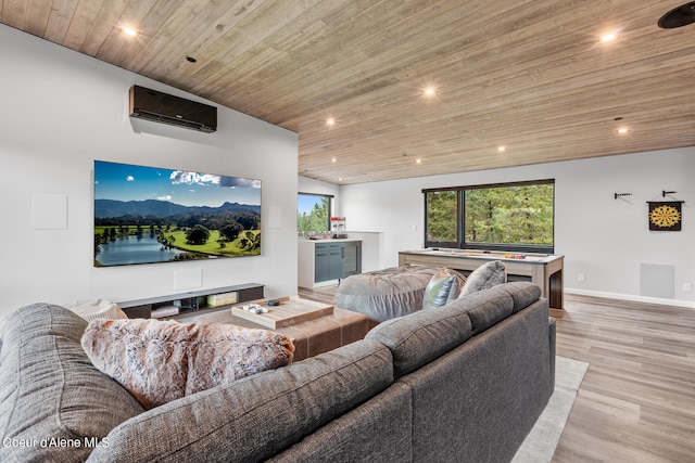 living room with a wall mounted AC, wood ceiling, and light hardwood / wood-style floors