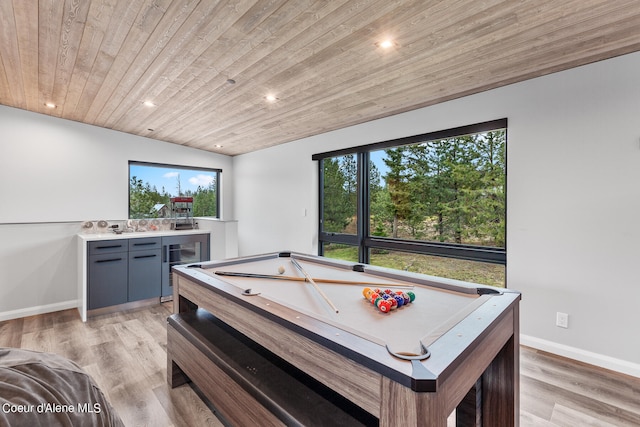 rec room with light wood-type flooring, lofted ceiling, wooden ceiling, and billiards