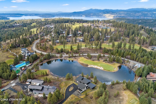 bird's eye view featuring a water and mountain view