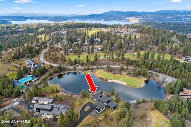 birds eye view of property featuring a water and mountain view