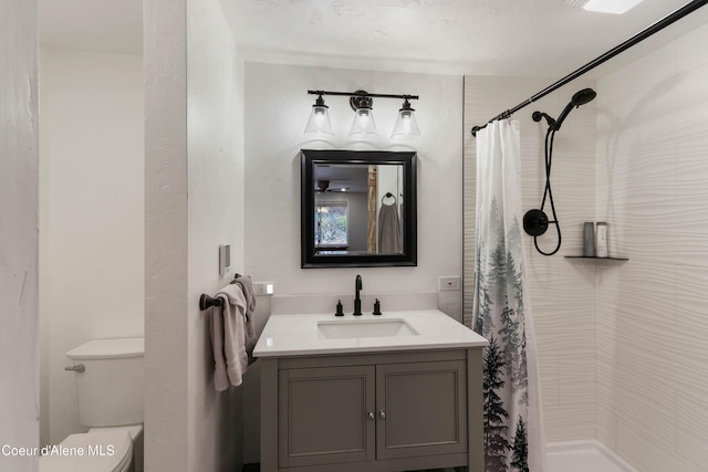 bathroom featuring toilet, vanity, and a shower with shower curtain