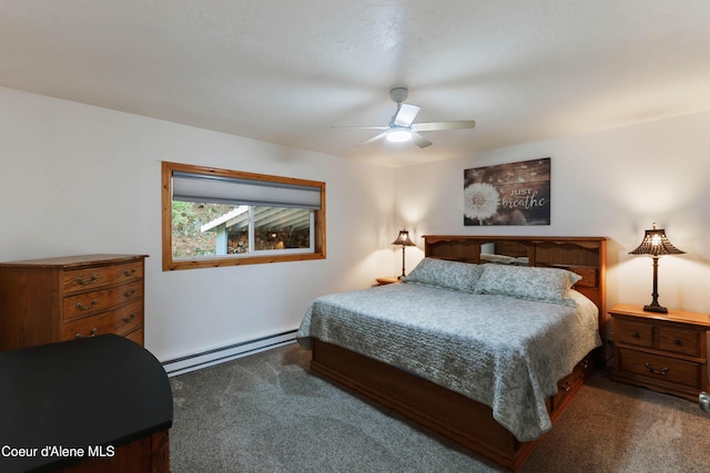 431 E Sunnyside Rd, Sandpoint, ID 83864 - bedroom featuring baseboard heating, dark carpet, and ceiling fan