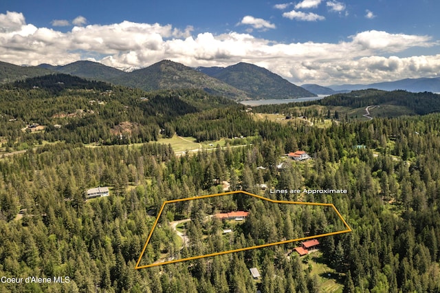 431 E Sunnyside Rd, Sandpoint, ID 83864 - aerial view of property and surrounding area featuring a forest, a mountain backdrop, and property parcel outlined