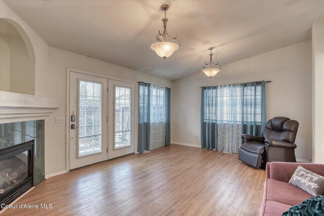 living area with baseboards, a healthy amount of sunlight, wood finished floors, and a high end fireplace