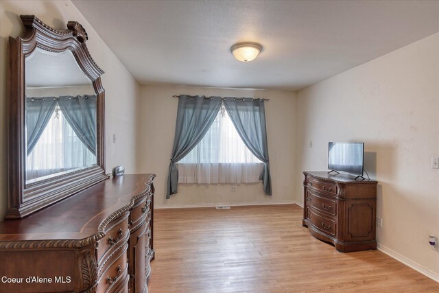 interior space featuring light wood-style floors, baseboards, and multiple windows