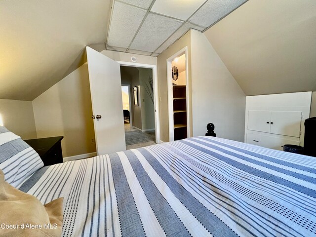 bedroom with carpet flooring, a paneled ceiling, vaulted ceiling, a spacious closet, and a closet