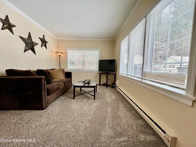 carpeted living room with crown molding, baseboard heating, and a healthy amount of sunlight