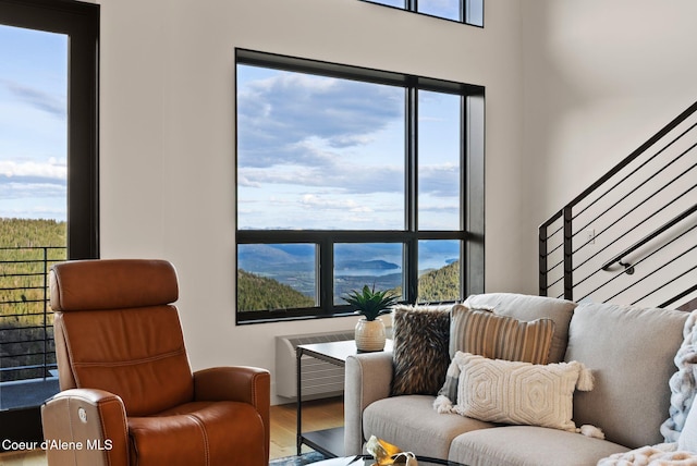 living room with a mountain view and wood-type flooring