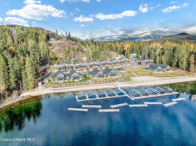 birds eye view of property featuring a water and mountain view