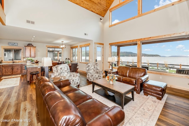 living room featuring hardwood / wood-style floors, a water view, high vaulted ceiling, and sink