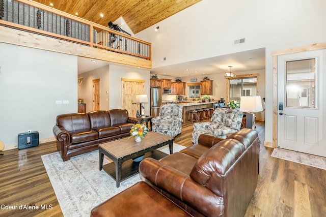 living room featuring hardwood / wood-style floors, high vaulted ceiling, and wooden ceiling