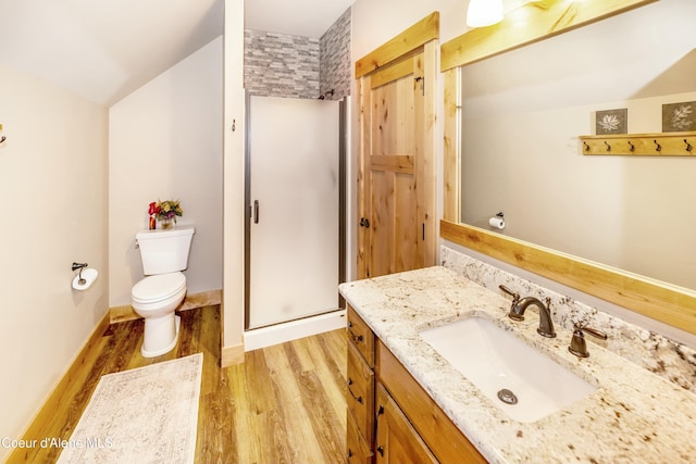 bathroom with hardwood / wood-style floors, vanity, toilet, and an enclosed shower