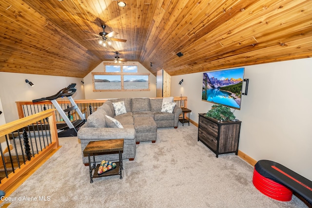 living room with ceiling fan, light colored carpet, wood ceiling, and vaulted ceiling