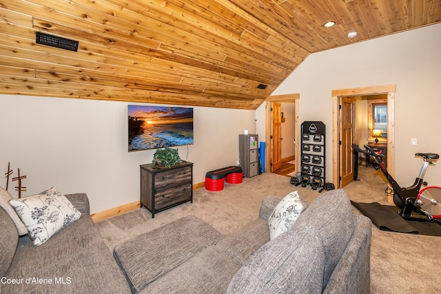 carpeted living room with wooden ceiling and lofted ceiling