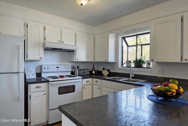 kitchen with a textured ceiling, sink, white cabinets, and white appliances