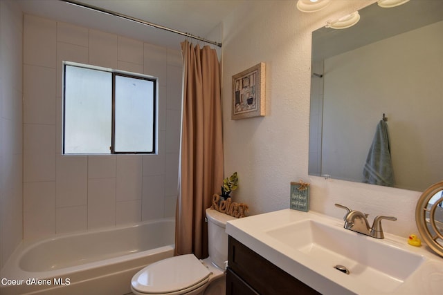 full bathroom with vanity, toilet, and shower / tub combo with curtain