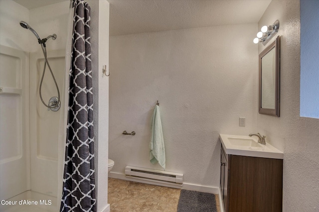 bathroom featuring a shower with shower curtain, a textured ceiling, vanity, a baseboard heating unit, and toilet