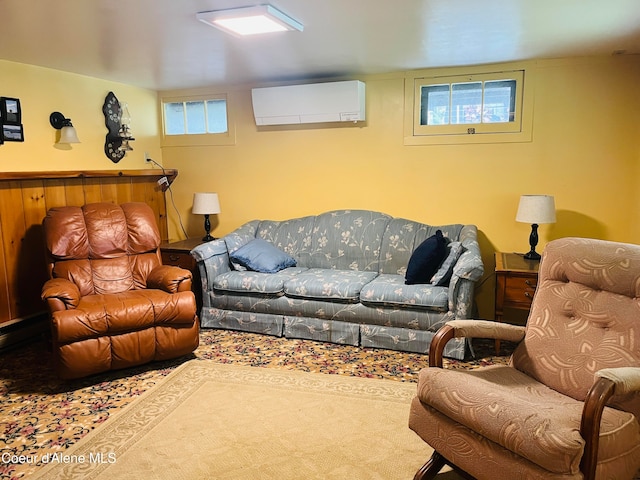 living room featuring an AC wall unit